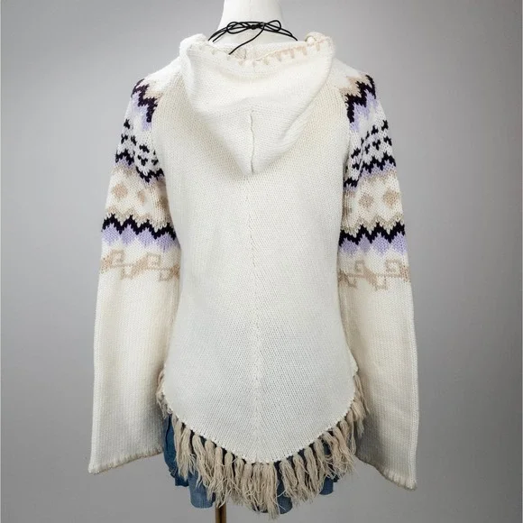 Vintage Boho Knit Fringe Hoodie - Fair Isle Cream Sweater - 90s Cozy Y2K‎ - Picture 3 of 8